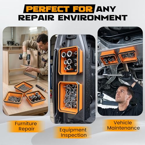 MULWARK 3Pcs Collapsible Magnetic Tray with 15Lb Magnetic Pickup Tool, Silicone Magnetic Parts Tray for Organizing Screw Bolts Nuts Washers Pins Repair Tools Workshop