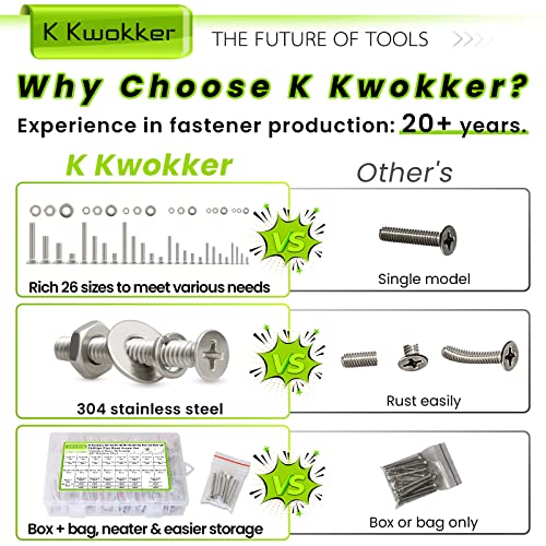 #2-56#4-40#6-32#8-32#10-24#1/4-20 Screws Assortment Phillips Flat Head 569Pcs 26 Size Screws, Nuts and Bolts, w/Lock Washers, K Kwokker 304 Stainless Steel Bolt Assortment Machine Screws - size: C. #2-56#4-40#6-32#8-32#10-24#1/4-20