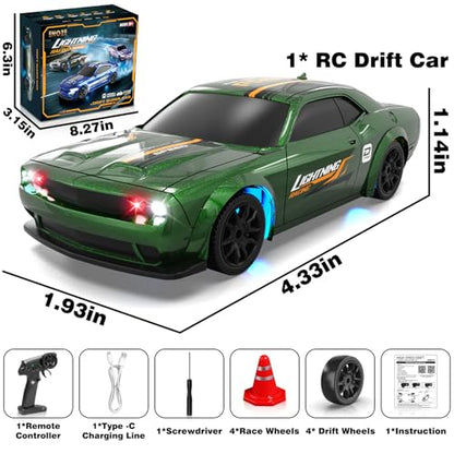 Mini RC Drift Car 1/43 2.4GHz RC Drift Cars with Gyro, 4WD Full Proporitonal High Speed Remote Control Car with LED Lights and Drifting Tires Hobby Racing Cars for Adults Kids Boys, Green - color: Green