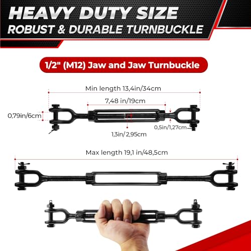 2200 LBS 1/2”x13.4” Jaw and Jaw Turnbuckles for Cable Wire Tensioner (2PCS) | Threaded Quick Link Trailer Safety Chain Hook Carabiner for Chain Connecting, Key Chain, Camping, Backpack, Pet Leash - style: 2Pcs 1/2”x13.4”
