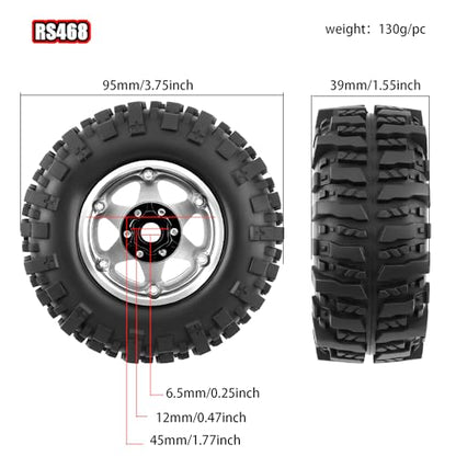 REDSPIDER 4PCS 1.9" RC Crawler Tires Mud Slingers (OD 95mm/3.75") & Beadlock Wheels, Deep Dish -10.4mm Negative Offset Rim for 1/12 MJX H12Y, MN128, MN82S, LC79 (Silvery) - color: Silvery