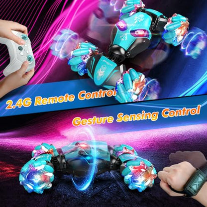 AEROQUEST Blue Gesture Control RC Stunt Car 360° Twists Gift for Kids 6+ | Double-Sided Driving USB Rechargeable Bright LED Effects All-Terrain Performance 2.4GHz Control Durable Twist Design - color: Blue