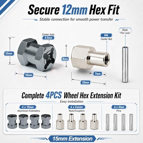 4PCS 12mm Hex Hub 15mm Aluminum Extension Hex for Axial SCX10 D90 90046 | 15mm CNC Wheel Hex Extenders for 1/10 RC Crawlers Redcat Gen7/Gen8 CC01 RC4WD Wider Stance & Tire Clearance with M4 Nuts Pins - color: Titanium