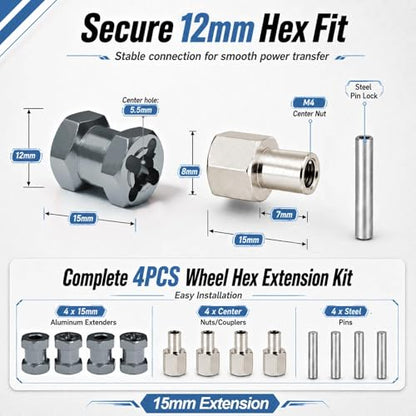 4PCS 12mm Hex Hub 15mm Aluminum Extension Hex for Axial SCX10 D90 90046 | 15mm CNC Wheel Hex Extenders for 1/10 RC Crawlers Redcat Gen7/Gen8 CC01 RC4WD Wider Stance & Tire Clearance with M4 Nuts Pins - color: Titanium