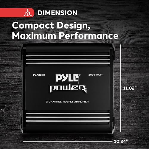 Pyle 2 Channel Car Stereo Amplifier - 2000W High Power Dual Channel Bridgeable Audio Sound Auto Small Speaker Amp Box w/ MOSFET, Crossover, Bass Boost Control, Silver Plated RCA Input Output-PLA2378