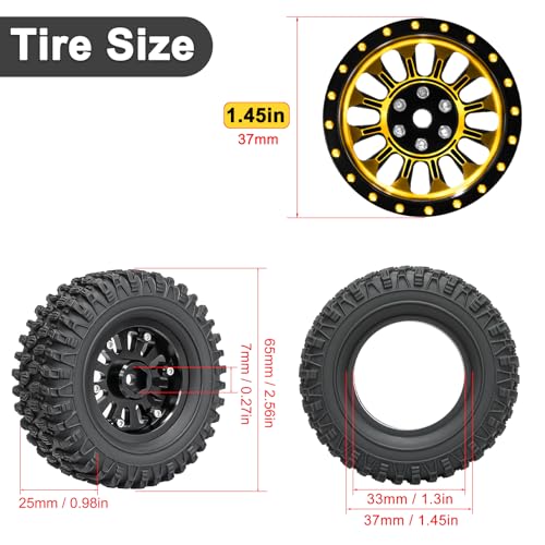 LRFHL 1.3" Beadlock Wheel Tires Aluminum for SCX24 TRX4M, 4PCS, Gold | Upgraded 1.45-inch Wheel, 1/24 SCX24 1/18 TRX4M RC Crawler Car Upgrade - color: Black Tires+ Gold Wheels-1