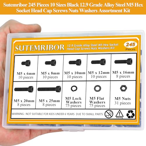 245 Pieces M5 Screws Nuts Washers Set Black, Sutemribor M5 x 6/8/10/12/16/20/25mm Hex Socket Head Cap Screws Nuts Washers Assortment Kit, 12.9 Grade Alloy Steel, Fully Threaded - size: M5, style: Socket Head