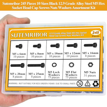 245 Pieces M5 Screws Nuts Washers Set Black, Sutemribor M5 x 6/8/10/12/16/20/25mm Hex Socket Head Cap Screws Nuts Washers Assortment Kit, 12.9 Grade Alloy Steel, Fully Threaded - size: M5, style: Socket Head