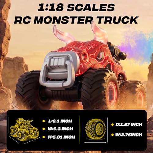 BEZGAR Monster Truck Toys, 1:18 Remote Control Monster Truck with Water Spray & Dancing Spins, 4WD RC Truck for Boys 4-7, RC Cars with 2 Batteries, Toys for 4+ Year Old Boys - color: Red