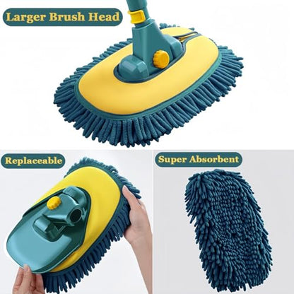 Car Wash Brush with Long Handle,Car Wash Mop Mitt with 1 Replacement Head , Extension Pole Car Brush Cleaning Kit for Cars Trucks - color: Green- One Head