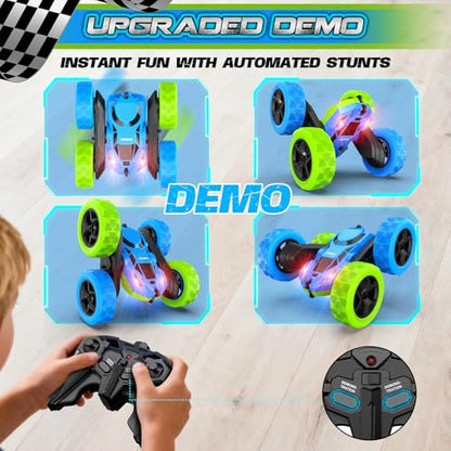 cosone Blue Green RC Car for Kids | Rechargeable Remote Control, 360° Rotation Stunt Car, Double-Sided Driving, LED Lights, 2.4GHz Off Road - color: Blue&green Pro