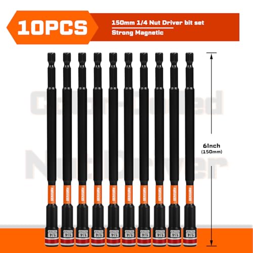 Geinxurn Impact Nut Driver Set, 10 Pieces 6”Long 1/4”6 Point Alloy Steel Magnetic SAE Nut Setter Set Use For Require Installing 1/4 Hex Shank Impact Driver with Case Box - size: 6", style: 1/4"-10pcs