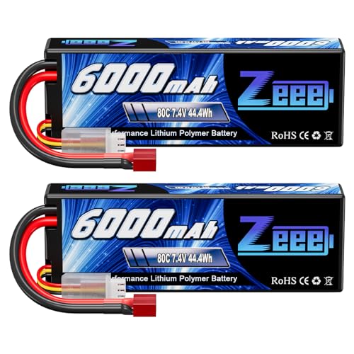 Zeee 2S Lipo Battery 6000mAh 80C 7.4V with T Connector (2 Pack) | Hard Case RC Battery for 1/8 Scale RC Car RC Airplane RC Helicopter RC Boat
