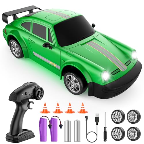RC Drift Car 1:24 Scale, 4WD Remote Control Car with LED Lights 20KM/H High Speed, Dual-Mode Racing & Drifting Toy Car with 2 Batteries, Gift for Kids & Adults, Green - color: Green