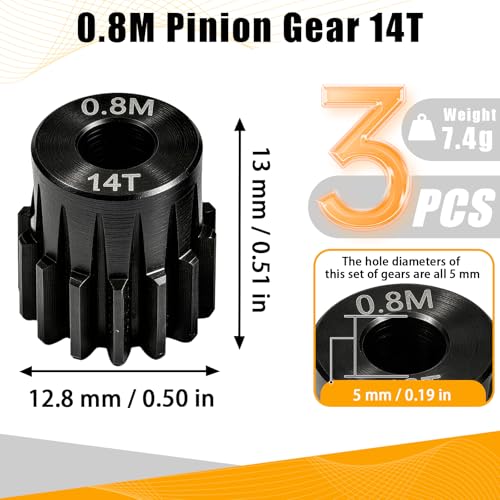 3-Pack Steel Metal 0.8M 5mm Pinion Motor Gear Sets 14T Compatible with HPI Kyosho Losi Axial Tamiya 1/8 1/10 RC Car Monster Truck Buggy, 0.8 Module Gear for Traxxsa Arrma - style: 3Pcs 14T
