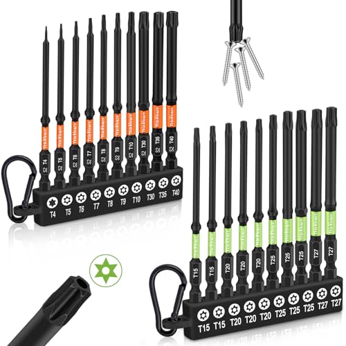 ThinkLearn Impact Torx Bit Set, 20 PCS 4" Security Tamper Proof Torx Screwdriver Bits, T4-T40 CNC Machined Magnetic Tips, S2 Steel Long Torque Star Bits with Storage Box - color: Orange+green, size: 4" Torx Bits
