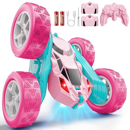 Hamdol Pink RC Car for Girls Age 6+, 360° Rotating Stunt Remote Control Vehicle with LED Lights, Upgraded 4WD USB-C Rechargeable Electric Toy, Perfect Birthday, Holiday - color: Pink, size: Pro (USB-C & Modular Battery)