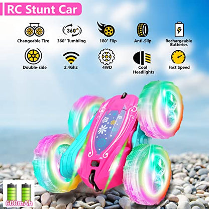 FREE TO FLY Remote Control Car for Girls : Pink RC Car Double Sided 360°Flip Stunt Cars with Headlights & WheelLights Rechargeable Toy Car Birthday Gifts for Girl Kids Age 6 7 8 9 10 11 12 Year Old - color: Pink Rose