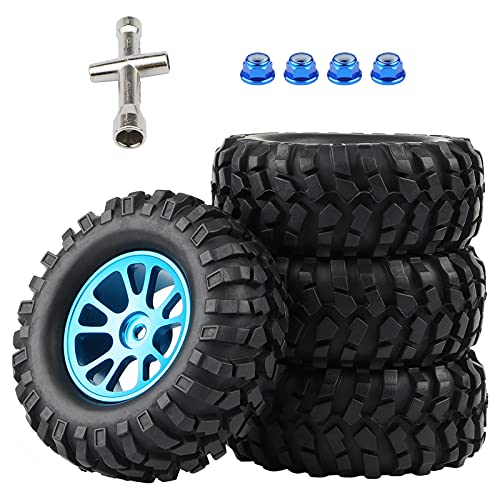 Blue Aluminum 12mm Wheel Rim & 96mm Crawler Tires, Pack of 4 | Lock Nuts Included, For 1:10 RC Rock Crawler Truck, Compatible with Tamiya CC01 F350, Compatible with RC4WD D90 TF2 - color: Blue