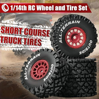 4PCS Pre-Glued 1/14 RC Tires and Wheels, 68×28mm All-Terrain Rubber Short Course Truck Tires with 12mm Hex Nylon Rims for ARRMA Mojave GROM, 1/14 1/18 RC Off-Road Trucks Red - color: Red