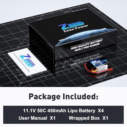 Zeee 3S 450mAh Lipo Battery 11.1V 50C RC Battery with JST Plug for FPV Drone Quadcopter UAV Racing Helicopter Airplane RC Boat RC Car RC Models(4 Pack)