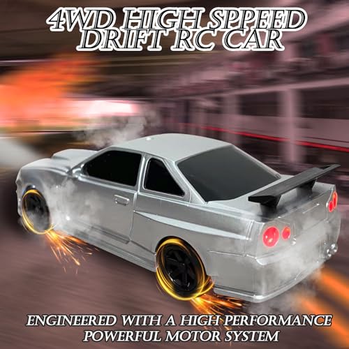 1/43 Mini RC Drift Car with Gyroscope, 2.4GHz 4WD Full Proportional High Speed Micro Hobby RC Cars with Lights Racing Tires, Fast Small Remote Control Car, Toy Model Gift for Adults Kids Boys Girls - color: Silver-g