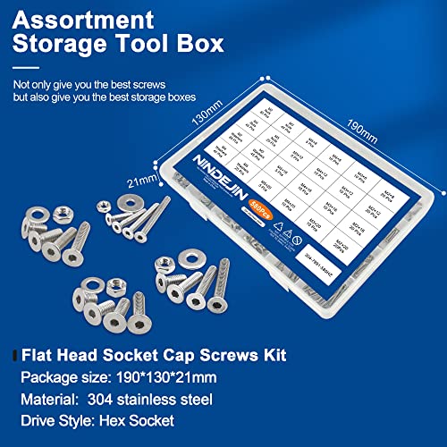 NINDEJIN 580 PCS Hex Socket Flat Head Cap Screws Kit, Metric M2 M3 M4 M5 304 Stainless Steel Screw Bolts and Nuts and Washers Assortment Set with Hex Wrenches, Machine Screw Assorted Fasteners - size: 580 Hex Flat Head Socket Screws Nuts
