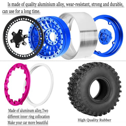 RC Aluminum 2.2" Beadlock Wheel Tires Set for 1/10 RC Crawler Car,TRX6 TRX4 SCX10 II III 90046 D90 Gen8 MST CFX VS4-10,RC Wheels 2.2 Beadlock Wheel Rims,(4PCS) Navy Blue - color: Navy Blue -(Rc Wheels Tires)