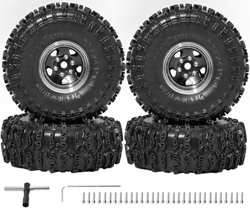 1.0 Beadlock Wheels and Tires Set 4PCS, All Terrain Soft Tires with CNC Aluminum Beadlock Wheels, Compatible with Traxxas TRX4M, Axial SCX24, FMS FCX24 FCX18, AX24, 1/18 1/24 RC Crawlers - color: Black