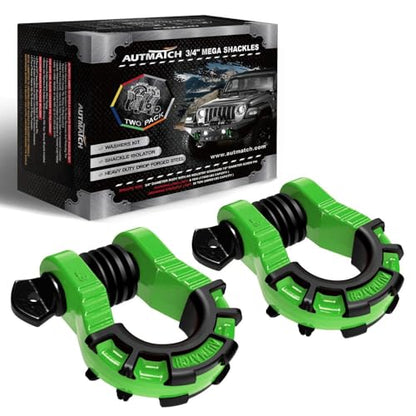 AUTMATCH D Ring Shackles 3/4" Mega Shackle (2 Pack) 68,000Ibs Break Strength - Heavy Duty Clevis Shackles with 7/8" Screw Pin and Isolator Washer for Tow Strap Winch Off Road Vehicle Recovery, Green - color: Green & Black