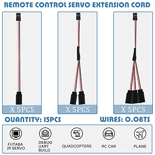 Eccliy 15 Pcs Servo Extension Cable Y Connector 3 Pin Plug Splitters Male to Female Servo Adapter Extension Servo Wire Connector Compatible with RC JR Futaba RC Car or Airplanes, 3 Styles