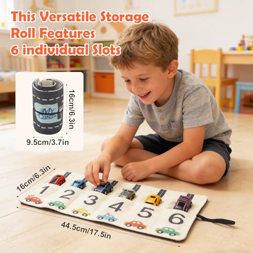 Portable Toy Car Storage Roll and Playmat - Travel Car Carrier Organizer Case for 6 Small Cars - Compatible with Hot Wheels & Matchbox, Toddler Quiet Play Activity Mat for Airplane