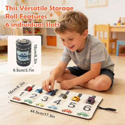 Portable Toy Car Storage Roll and Playmat - Travel Car Carrier Organizer Case for 6 Small Cars - Compatible with Hot Wheels & Matchbox, Toddler Quiet Play Activity Mat for Airplane