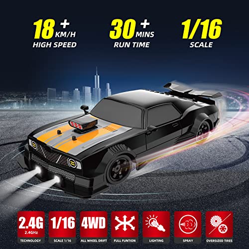 RC Drift Car 2.4GHz 1:16 Scale 4WD High Speed Remote Control Cars Vehicle with LED Lights Two Batteries and Drifting Tires Racing Sport Toy Cars for Adults Boys Girls Kids - color: Black