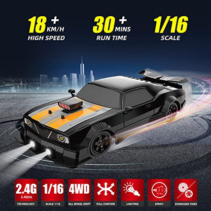 RC Drift Car 1/16 2.4GHz 4WD Remote Control Cars, Rechargeable High Speed Drifting RC Cars with Spray, Cool Lights and Extra Tires Toy Car for Kids - color: Black