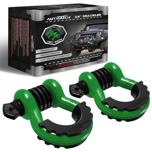 AUTMATCH 3/4" D Ring Shackles (2-Pack) - 41,887 lbs Break Strength | Clevis Shackle with 7/8" Pin & Isolator Washer Kit for Tow Strap, Winch, Towing & Off-Road Vehicle Recovery, Dark Green - color: Dark Green & Black