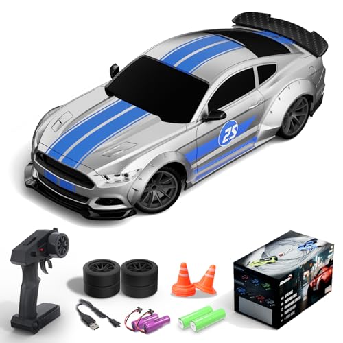 RC Drift Car, 1:20 Scale Remote Control Car for Beginners & Adults | LED Lights, 2.4GHz, 20KM/H, 4WD, Drifting Tires, 2 Batteries, Roadblock, Racing Sports Gift Idea - color: Silver