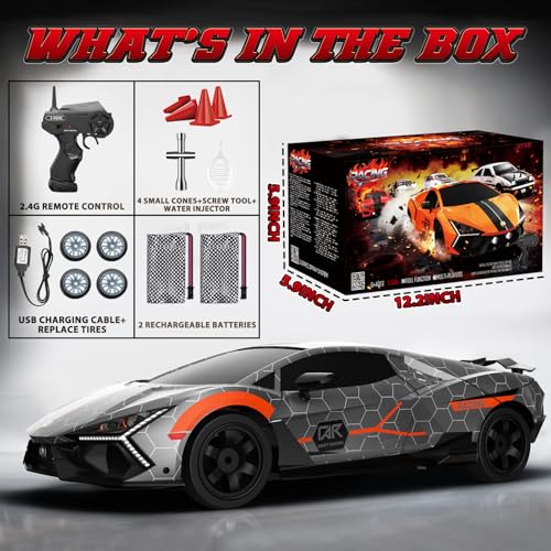 RC Drift Car, 1:16 Remote Control Car 2.4Ghz High Speed RC Cars 4WD Racing Sport Toy Cars with LED Lights, Spray, Drifting Tires, 2 Batteries for Kids Boys Girls Adults Birthday Christmas - color: Silver