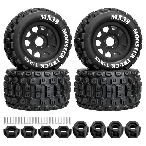 LRFHL MX38 F/R 3.8" RC Tires and Wheels with 17mm Hex Adapter, 4PCS, Black | 1/7 1/8 RC Monster Truck Tires, for Arrma Notorious Outcast Kraton 6S Traxxas E-Revo RC Car Upgrade - color: Black Tires+ Black Wheels