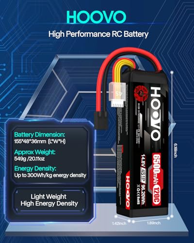 HOOVO 4S Lipo Battery 14.8V 6500mAh 120C RC Battery Pack with TR Plug for Maxx X-Maxx RC Car Truck Buggy Crawler Helicopter Drone,2Packs