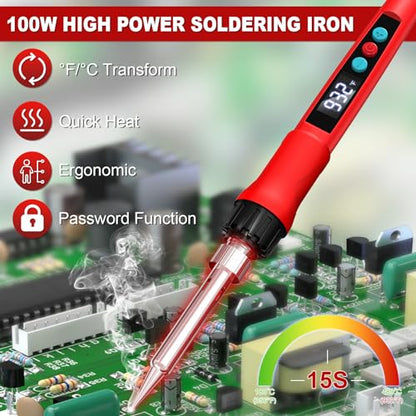Soldering Iron Kit, 100W Soldering Gun with LED Digital Display, Adjustable Temperature 356-932℉ Solder Kit for Electronics, Includes Soldering Iron Tip, Solder Wire, Stand, Tweezers and Paste, Red - color: Red