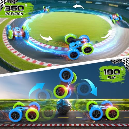 cosone Blue Green RC Car for Kids | Rechargeable Remote Control, 360° Rotation Stunt Car, Double-Sided Driving, LED Lights, 2.4GHz Off Road - color: Blue&green Pro