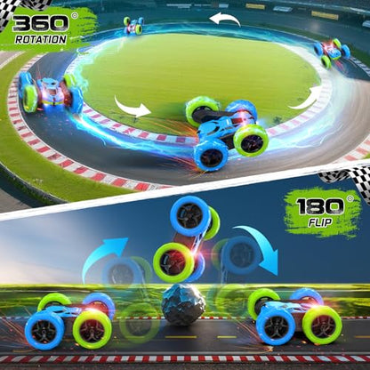 cosone Blue Green RC Car for Kids | Rechargeable Remote Control, 360° Rotation Stunt Car, Double-Sided Driving, LED Lights, 2.4GHz Off Road - color: Blue&green Pro