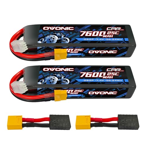OVONIC 2S Lipo Battery 7.4V 7600mAh 25C with TRA Connector for RC Car Truck Vehicles Boat Drone Airplane Quadcopter Helicopter FPV Racing Hobby Models Pro Truck Boat Jet Basher 2 Batteries