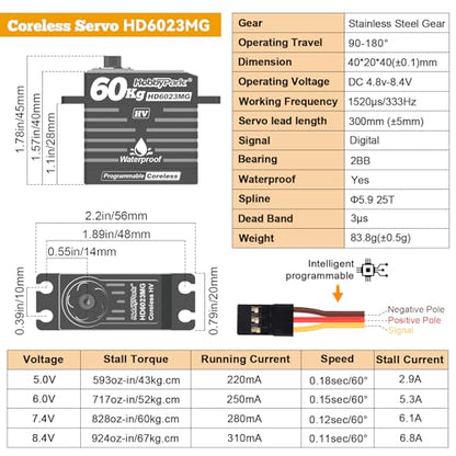 HobbyPark Waterproof RC Servo High Torque Coreless Motor Metal Gear Digital Servo Aluminum Case Parts for 1/8 1/10 RC Crawler SCX10 TRX4 RC Truck RC Car Buggy Basher Control Angle 180° (60kg Torque)