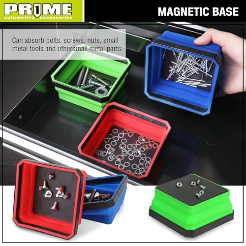 PR1ME Upgrade Collapsible Magnetic Parts Tray Set, 3 Pack, Foldable Magnetic Tool, 4.25 inch Square Silicone Bowls with Magnetic Base Stores and Organizes Small Parts and Tools - size: Upgrade Trays