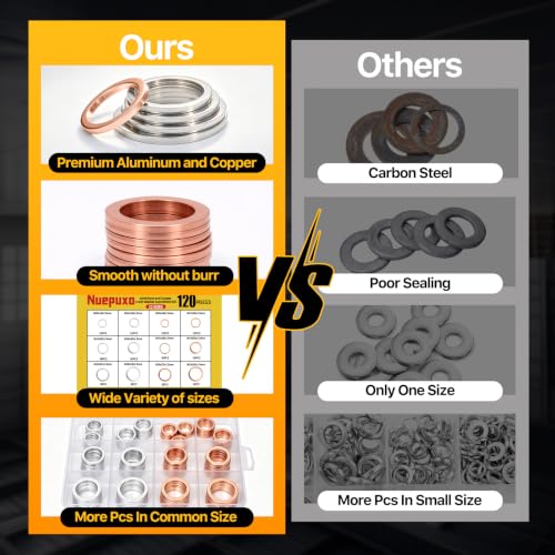 120PCS Crush Washer Oil Drain Plug, Aluminum & Copper Crush Washer | 12 Sizes Oil Drain Plug Gasket Assortment Kit for Automotive, Motorcycles, Marine and Mechanical Use (M10 M12 M14 M16 M18) - size: 120PCS(M10-M18)