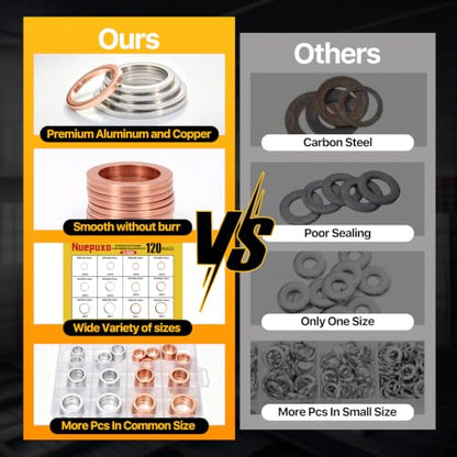 120PCS Crush Washer Oil Drain Plug, Aluminum & Copper Crush Washer | 12 Sizes Oil Drain Plug Gasket Assortment Kit for Automotive, Motorcycles, Marine and Mechanical Use (M10 M12 M14 M16 M18) - size: 120PCS(M10-M18)