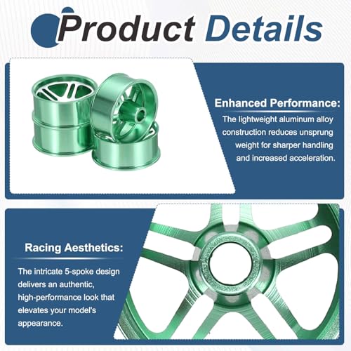 MECCANIXITY 4Pcs RC Car Wheel Rims, 23.5mm Dia 5-Spoke Green Aluminum Alloy Wheel Rims Hex Hub for HSP RC Drift Racing Touring Car - color: Green, size: 23.5mm Dia