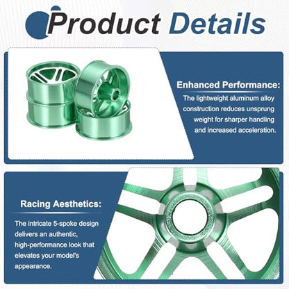 MECCANIXITY 4Pcs RC Car Wheel Rims, 23.5mm Dia 5-Spoke Green Aluminum Alloy Wheel Rims Hex Hub for HSP RC Drift Racing Touring Car - color: Green, size: 23.5mm Dia